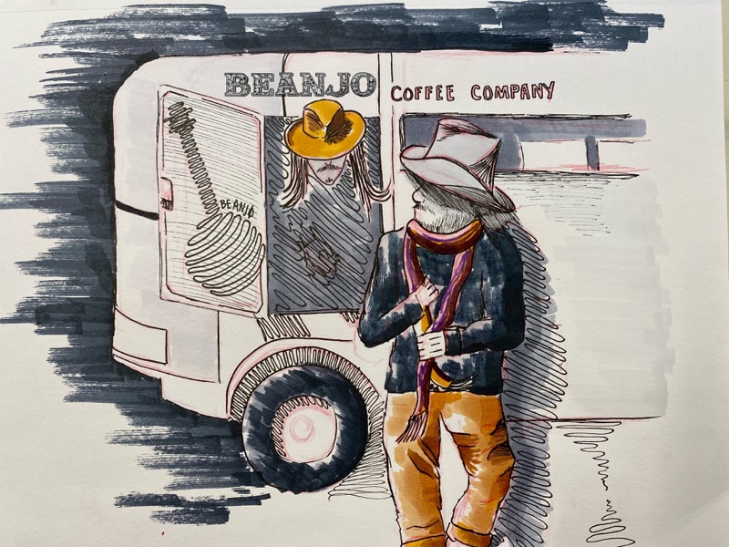 Charlie and Andy at the original Beanjo Coffee horse trailer